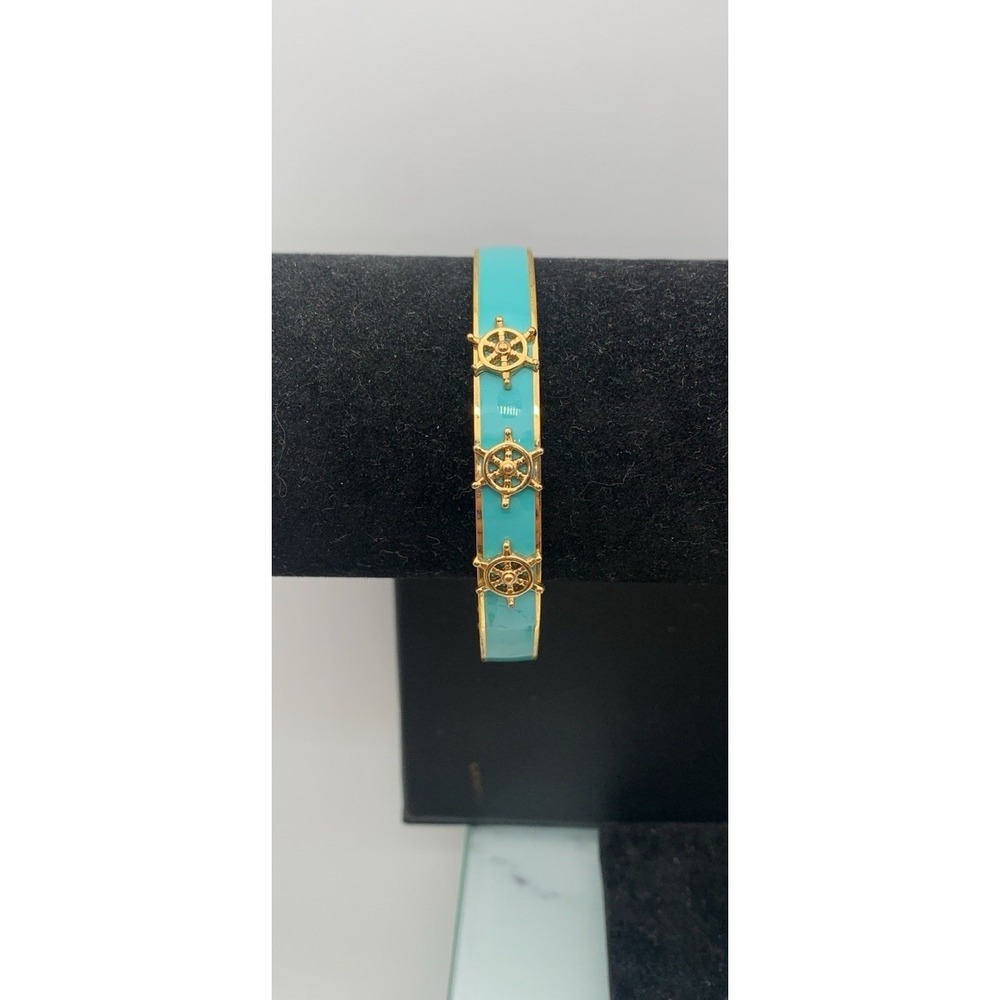 J Crew Gold Tone & Turquoise Blue Enamel Nautical Ships Wheel bangle bracelet